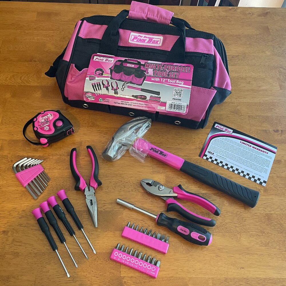 The Original Pink Box multi-purpose tool set with 12 inch tool bag
